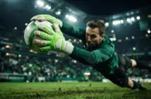 Goalkeeper gloves gripping soccer ball in dramatic save with green and white stadium lighting