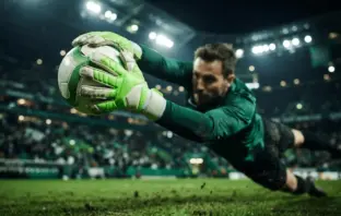 Goalkeeper gloves gripping soccer ball in dramatic save with green and white stadium lighting
