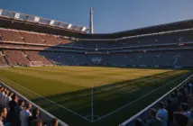World Cup Round of 16 stadium atmosphere: floodlit pitch, packed stands, dramatic shadows, golden-hour lighting.