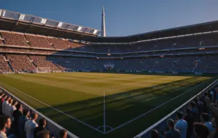 World Cup Round of 16 stadium atmosphere: floodlit pitch, packed stands, dramatic shadows, golden-hour lighting.
