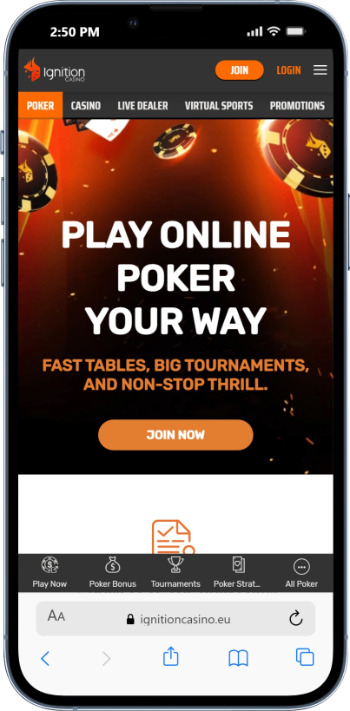Ignition - top offshore poker site in the US - poker lobby on mobile