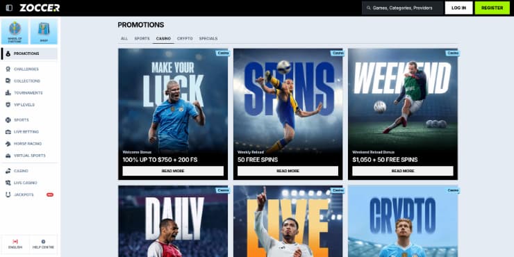 Zoccer casino offers page