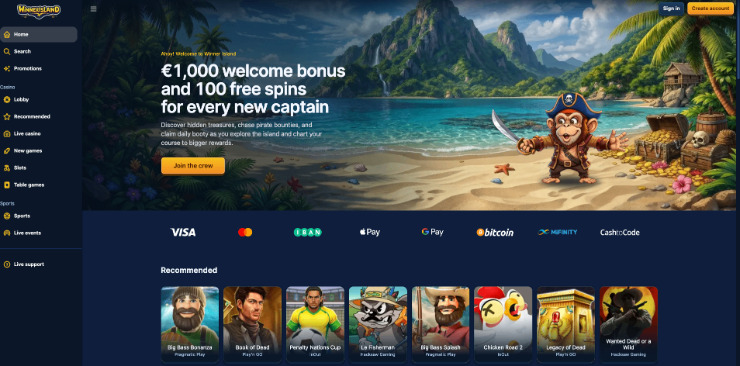 Winner Island Canadian online casino home page