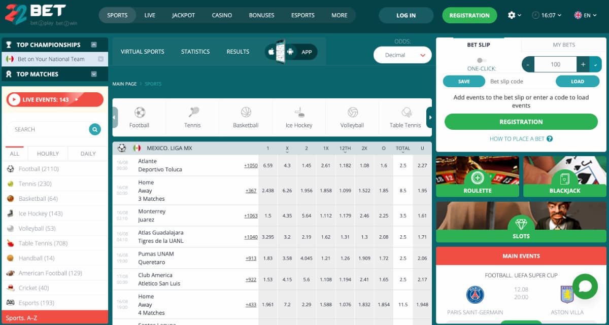 22Bet betting app in Canada home page