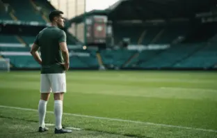 Celtic-style centre-back standing on a hybrid grass pitch ahead of an away match