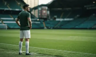 Celtic-style centre-back standing on a hybrid grass pitch ahead of an away match