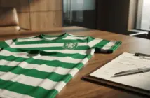 Celtic hooped jersey with contract document and pen in boardroom setting