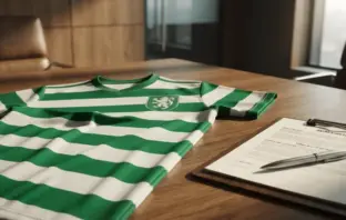 Celtic hooped jersey with contract document and pen in boardroom setting