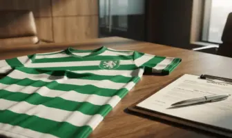 Celtic hooped jersey with contract document and pen in boardroom setting