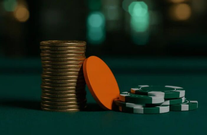Gold £1 coins stacked beside green and white casino chips on dark felt — best £1 deposit casinos UK guide 2026