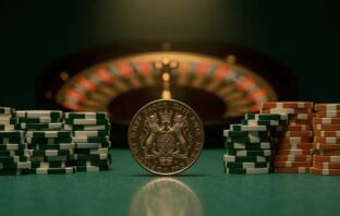 A British pound coin beside green and white casino chips on a felt table, with a roulette wheel in the background.