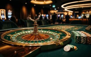 Celtic green roulette wheel and stacked casino chips on a reflective table — best £5 deposit casinos UK 2026