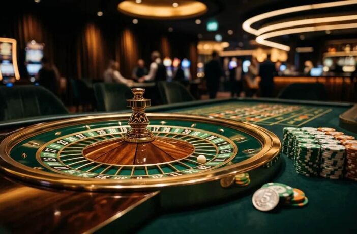 Celtic green roulette wheel and stacked casino chips on a reflective table — best £5 deposit casinos UK 2026