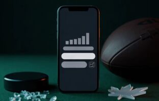 Best betting apps Canada 2026 — smartphone with wireframe sportsbook interface beside a hockey puck and CFL football on green felt