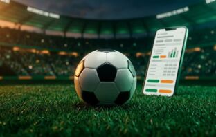 Football on green turf with stadium bokeh and a wireframe sports betting interface — best betting sites Singapore 2026