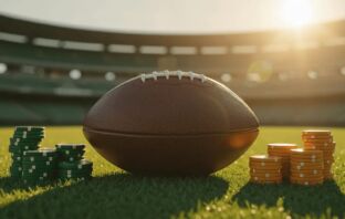 American football on green turf with stacked betting chips, Florida stadium bokeh background