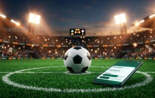Soccer ball on an MLS pitch at dusk with stadium floodlights, green turf, and a smartphone showing betting interface placeholders.