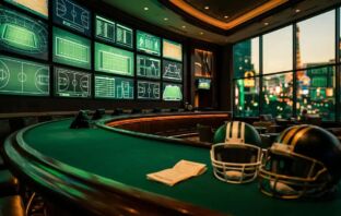 Sleek Nevada sportsbook lounge with green felt counter, multi-screen sports wall, and Las Vegas Strip view at dusk.