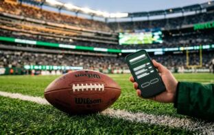 American football on green turf with stadium lights and a wireframe mobile betting interface in the background