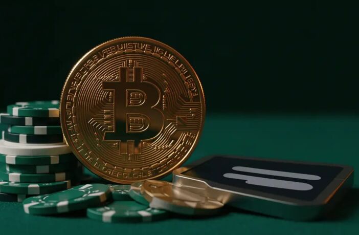Gold Bitcoin coin with stacked casino chips on green felt beside a crypto hardware wallet, cinematic lighting.