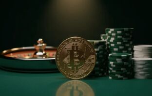 Gold Bitcoin coin and Celtic green casino chips on a felt table with roulette wheel — no KYC casino guide