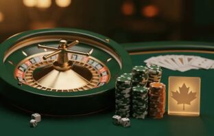 Green and white casino chips stacked beside a roulette wheel on a dark-green baize table for best online casinos Canada 2026