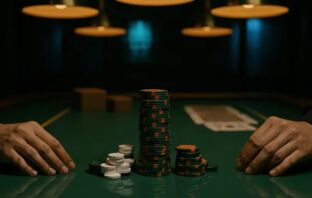 Stacked green and orange casino chips on a baize baccarat table representing the best online casinos in Malaysia 2026