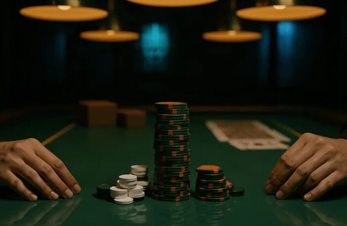 Stacked green and orange casino chips on a baize baccarat table representing the best online casinos in Malaysia 2026