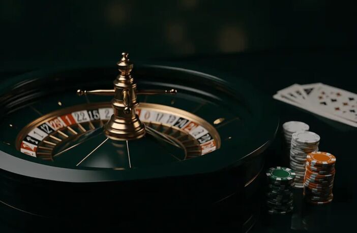 Green and white roulette wheel with Celtic-green casino chips on a dark reflective table, cinematic casino lighting.