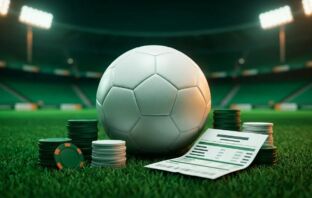 Soccer ball and green betting chips on stadium turf — best soccer betting sites in the US 2026