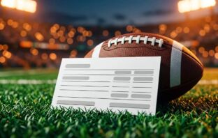 Sports betting slip on green football turf with American football, stadium bokeh background, Celtic green tones