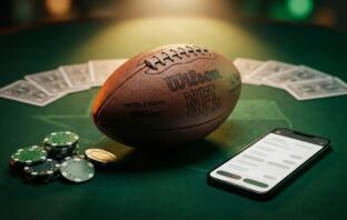 American football on green felt with stacked chips and a wireframe sports betting app — best Texas sportsbooks guide
