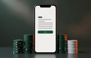 Smartphone showing a wireframe Open Banking interface beside stacked Celtic green and white casino chips on a glossy dark surface.