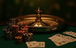 Stacked casino chips and gold roulette wheel on a green felt table — best US casinos for UK players 2026