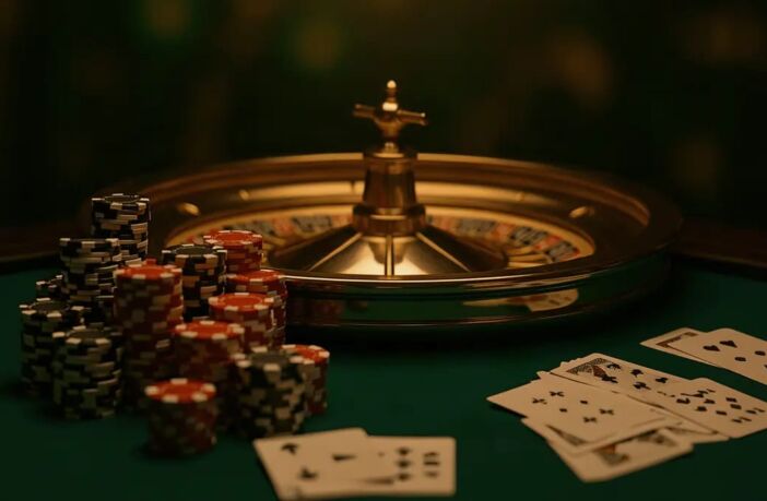 Stacked casino chips and gold roulette wheel on a green felt table — best US casinos for UK players 2026
