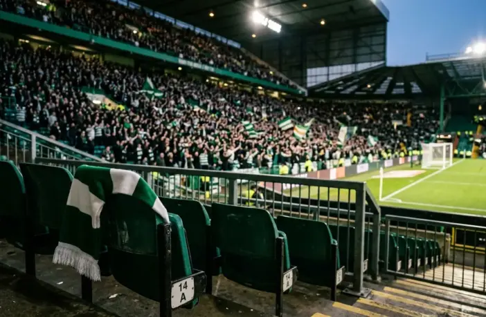 Green-and-white scarf in a floodlit stadium representing Celtic’s Champions League opportunity and potential revenue.