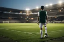 Unidentifiable footballer standing on a stadium pitch under floodlights, symbolising Celtic transfer resolve and European ambition.