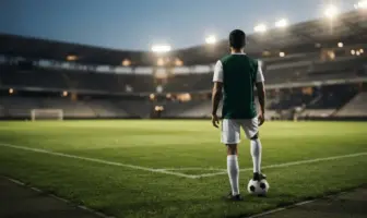 Unidentifiable footballer standing on a stadium pitch under floodlights, symbolising Celtic transfer resolve and European ambition.