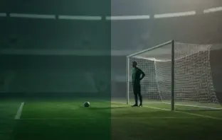 Goalkeeper silhouette in a green kit standing in an empty stadium, symbolising uncertainty over a Celtic transfer target.