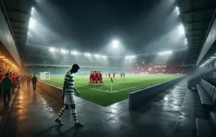 Floodlit football stadium after a European play-off defeat, symbolising Celtic’s disputed financial opportunity