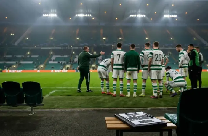 Celtic-inspired team regrouping in a stadium after European disappointment, reflecting transfer needs and Europa League recovery