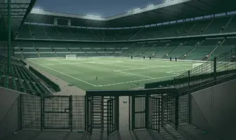Empty floodlit football stadium illustrating Scottish Cup sanctions after crowd disorder
