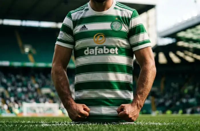 Celtic player in green and white hooped jersey standing ready at Celtic Park stadium