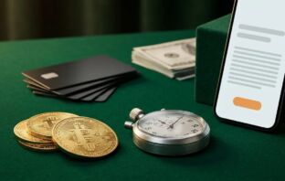 Gold Bitcoin coins and a stopwatch on green felt beside a wireframe withdrawal screen — fastest payout sportsbooks US 2026