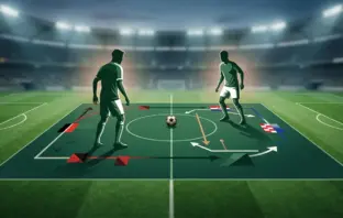 Editorial football midfield transfer visual showing two possible targets and a tactical decision at a stadium