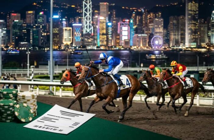 Thoroughbred racehorses galloping at a floodlit Hong Kong track with city skyline bokeh and betting chips on green felt