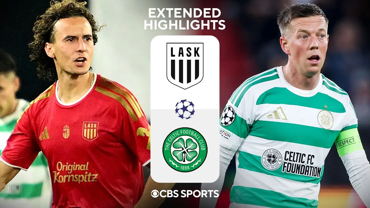 Collage showing a LASK player in red and a Celtic FC player in green and white stripes with team logos.