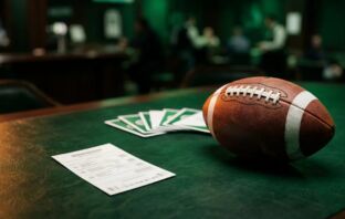American football and betting slip on a dark green sportsbook desk, cinematic editorial style