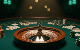 Roulette wheel and stacked casino chips on a green felt table — new UK casino sites 2026