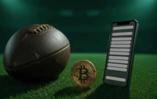 Football on grass pitch with a gold Bitcoin coin and smartphone showing a no KYC crypto sports betting interface